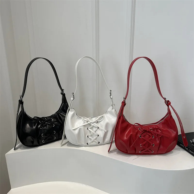 Schicke Schleifendesign Halbmond-Form Umhängetasche Y2K Vintage-Stil Hobo Handtasche für Damen Täglicher Gebrauch – Detail 11