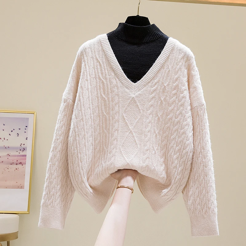 

Two Fake Pieces Loose Knitted Sweater Women Half High Neck Autumn Winter Pullovers Sweaters Solid Vintage Knitwear Jumper 23694