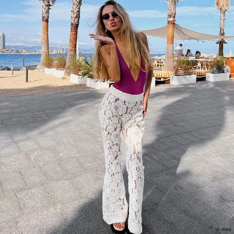 Lace White Jacquard Perspective High Waist Casual Bell-bottoms 2025 Spring Fashion Street Girls Pants