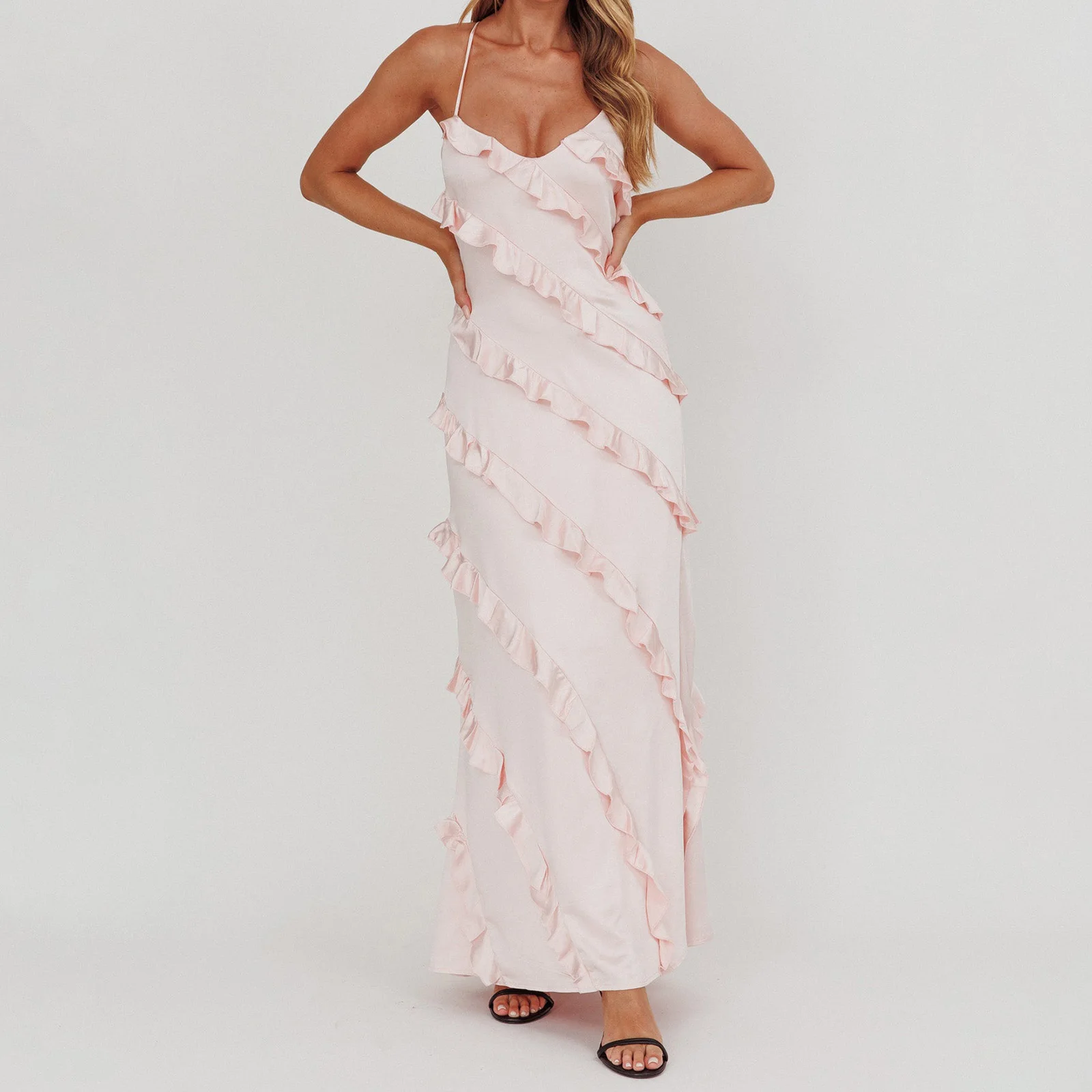 2025 Luxury Women's Soild Color Summer Long Cami Dress Sleeveless Cross Back Ruffle Trim Spaghetti Strap Dress