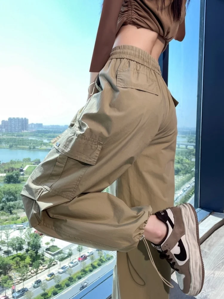 Khaki American Style Work Pants High Waist Outdoor Hiking Paratrooper Sports Trousers for Women Spring Autumn New Arrival
