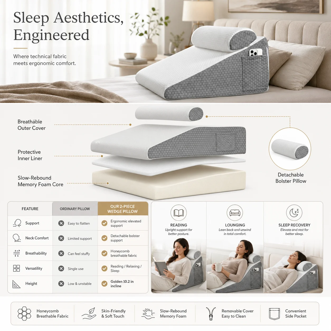 2PCS Adjustable Wedge Memory Foam Pillow for Reading Sleeping Acid Reflux Snoring Pregnancy Leg Swelling Post Surgery Relief