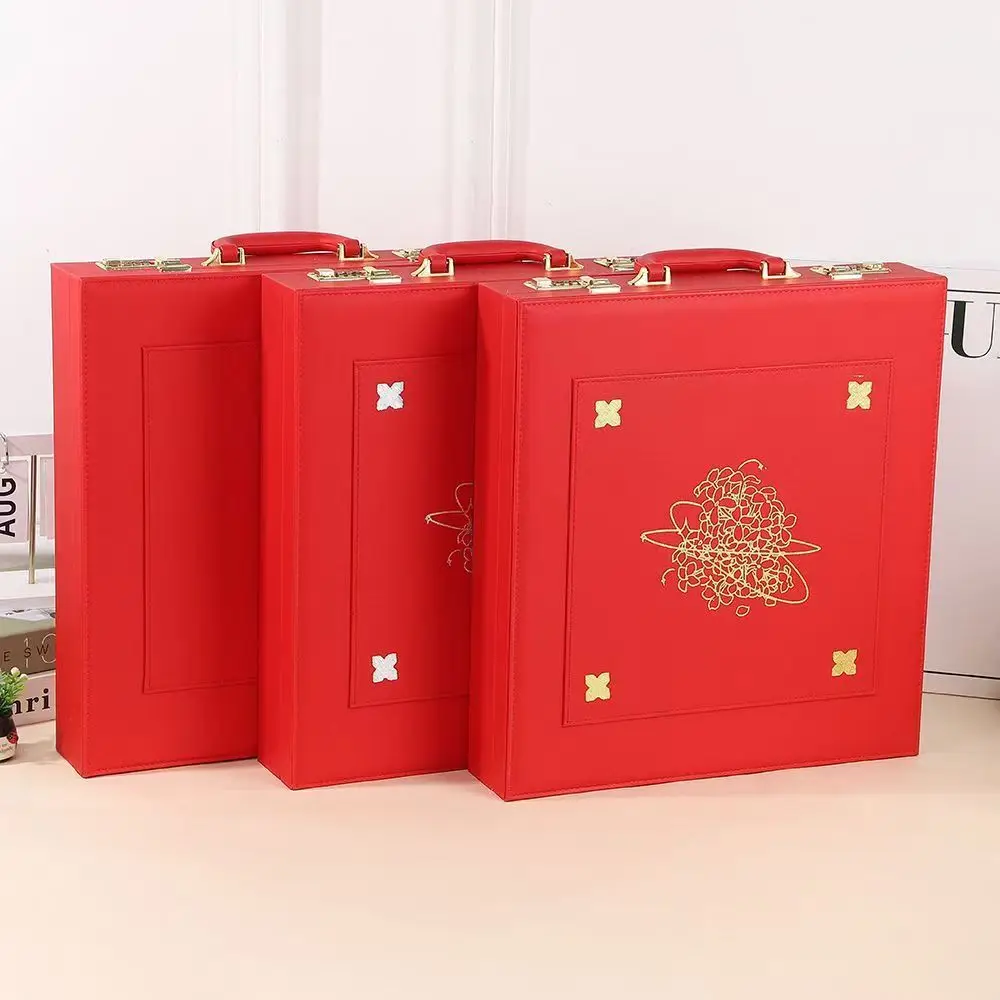 Festive Red Handheld High-end Leather Storage Box with Password Lock Exquisite Pattern Fit for Business Gifts Large Capacity