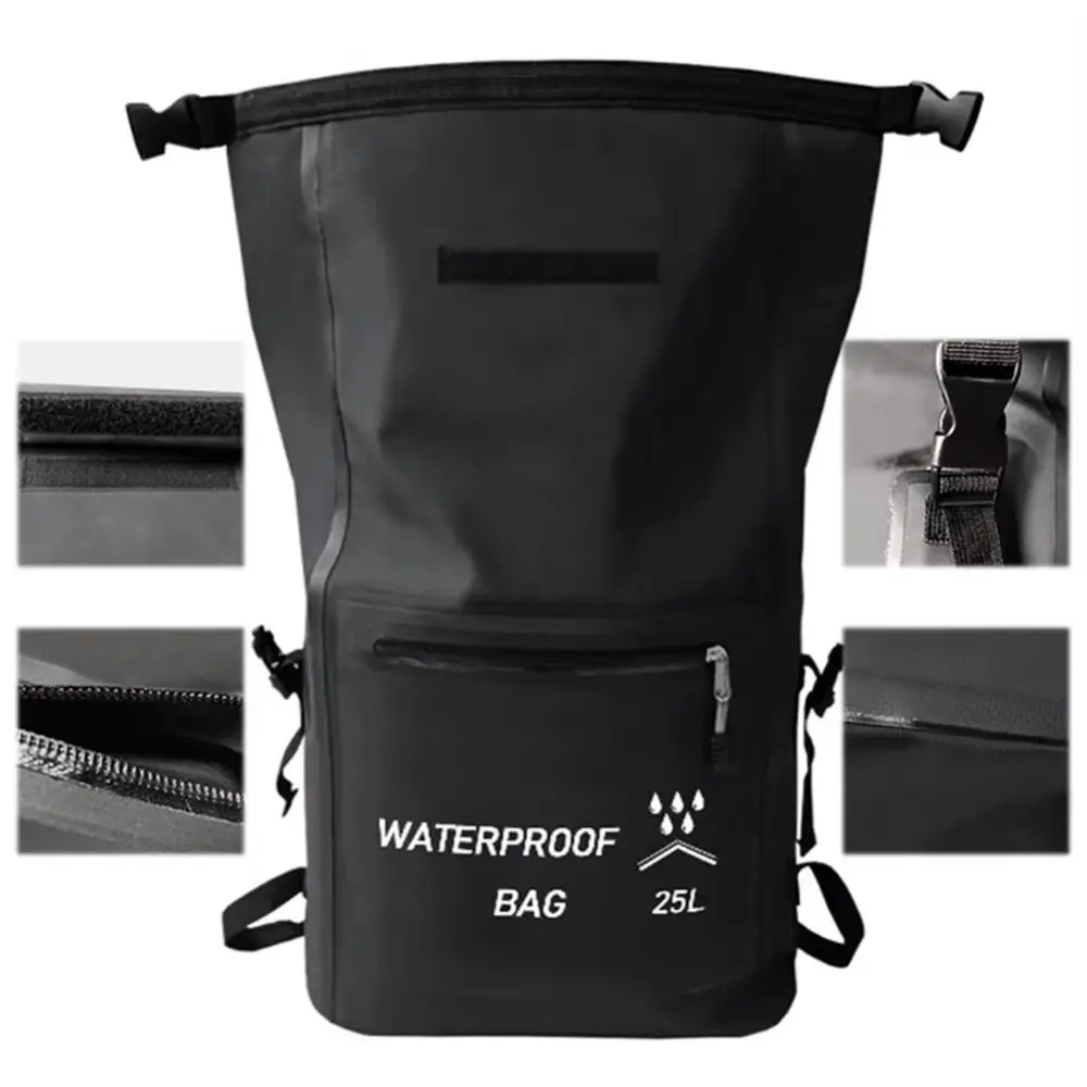 Zipper Pocket 25L Waterproof Backpack Roll-Top Closure Waterproof Beach Storage Bag Folding Thickened Material Swimming Backpack