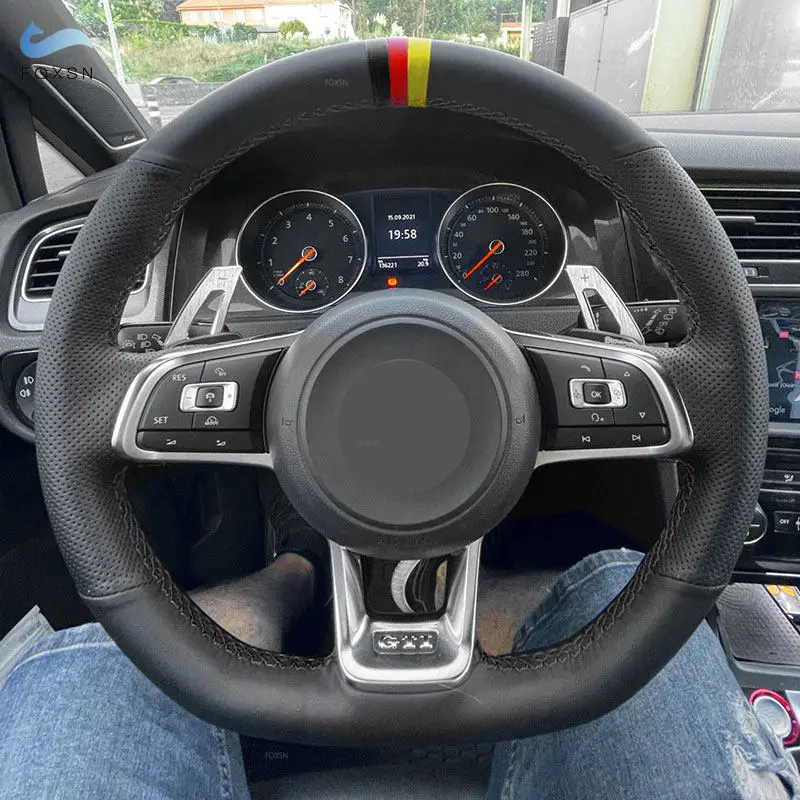 For VW Golf 7 GTI Golf R MK7 Passat B8 Polo Scirocco 2015 2016 Car Steering Wheel Leather Cover Black - black red yellow strip