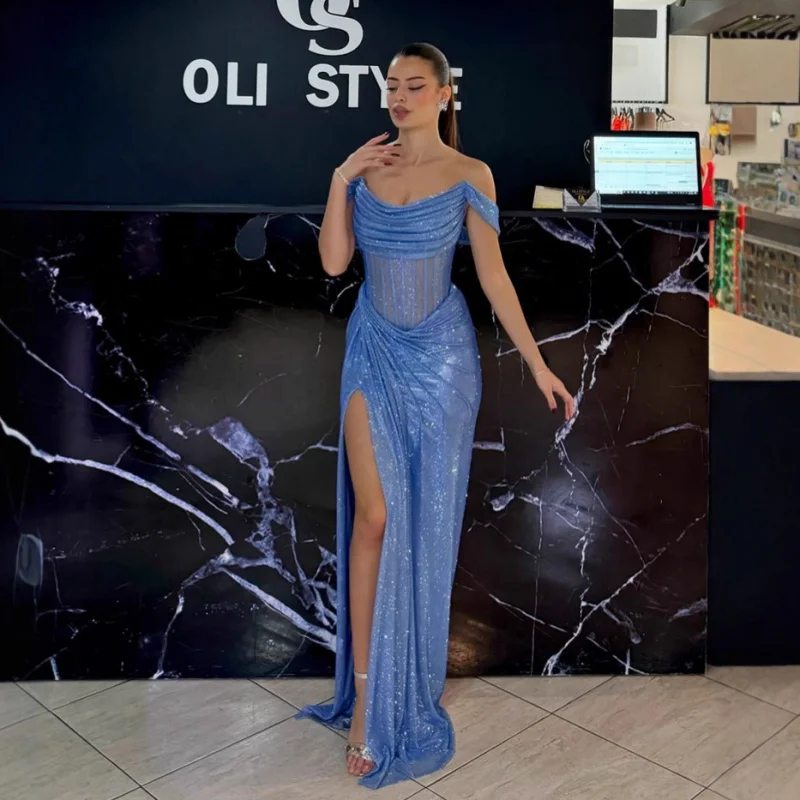 

Новое поступление, сексуальное блестящее синее сетчатое платье со стразами и открытыми плечами и высоким разрезом, европейское и американское элитное вечернее платье