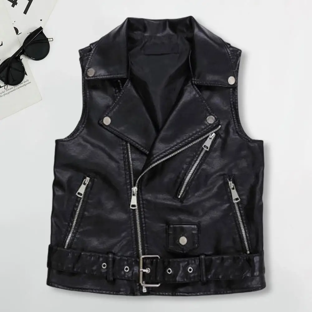 Lady Waistcoat Solid Color Women Waistcoat Stylish Women's Faux Leather Vest with Belted Turn-down Collar Zip-up for Commuting