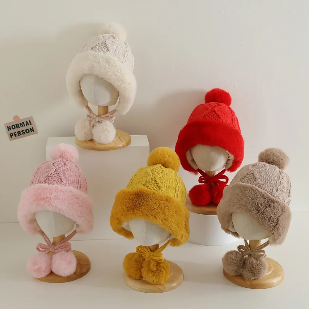 

Winter Plush Knit Hat for Baby Girl Cute Plush Ball Ear Protection Cap Children Thicken Warm Woolen Crochet Hats