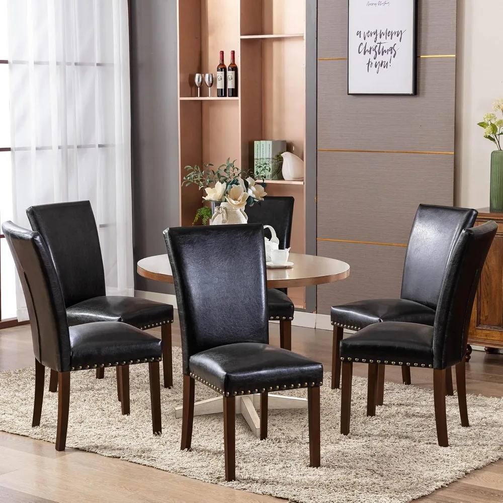 Upholstered Parsons Dining Chairs Set of 2, PU Leather Dining Room Kitchen Side Chair with Nailhead Trim and Wood Legs