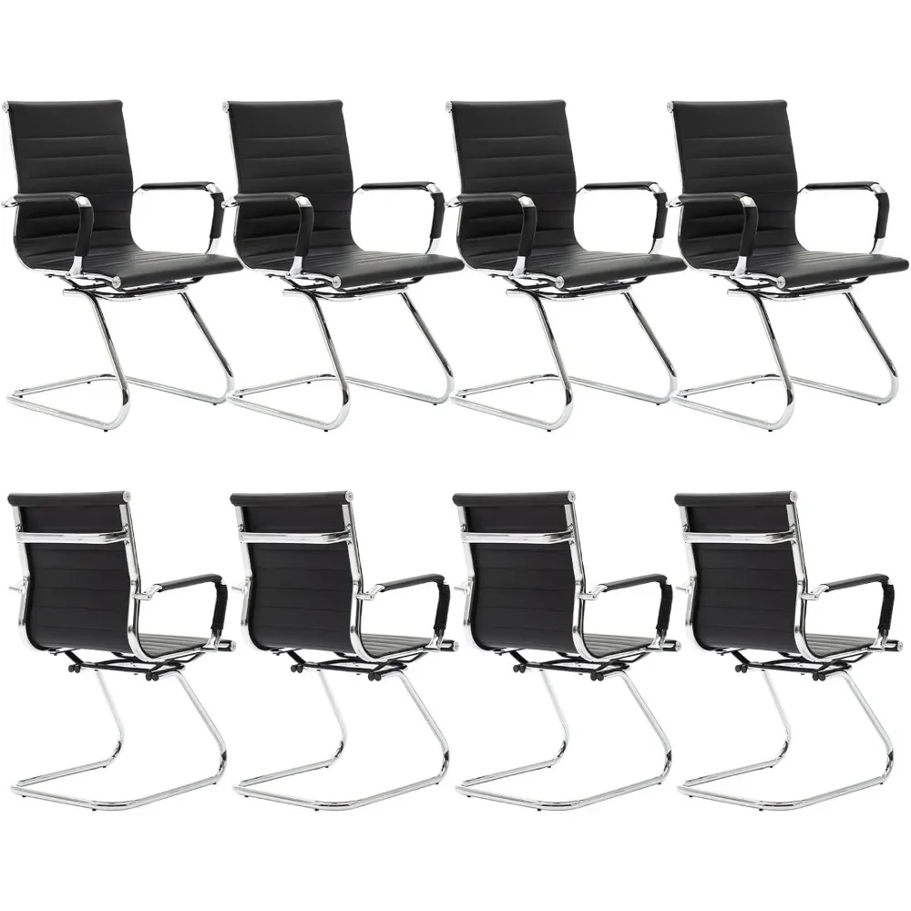 Office Chairs Set of 8,Mid Back PU Leather Metal Leg Sled Base,Conference Reception Room Chairs with Arms (Black, 8 PCS)