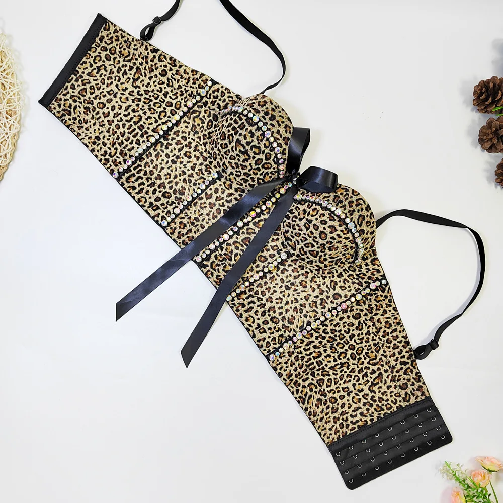 customized women's adult leopard print strapless breathable mesh slim fit fishbone camisole vest thin bow corset on top lingerie