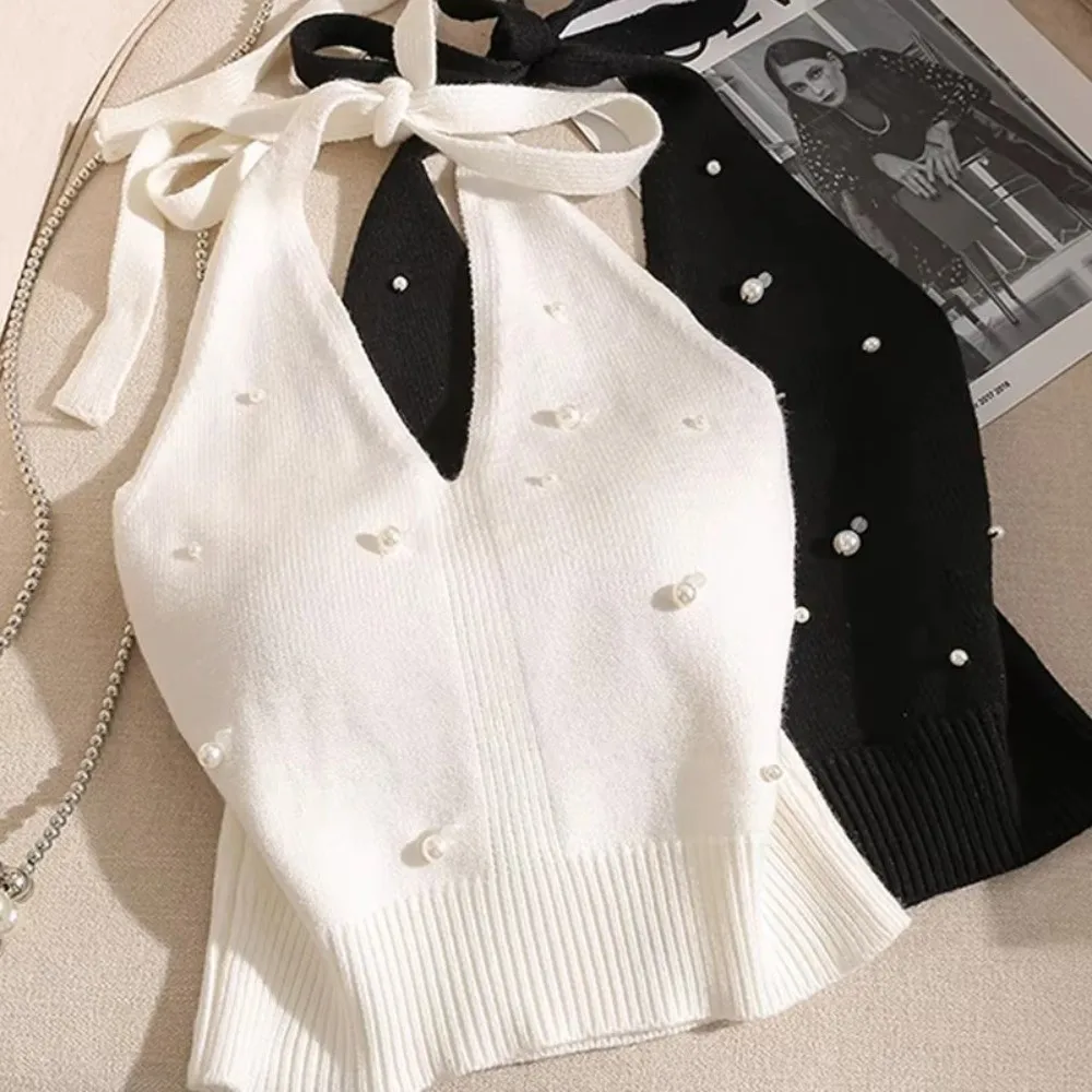 Backless Design French Beaded Vest Beaded Embellishment Knitted Fabric Knot Back Vest Halter Style Tie Knot Detail
