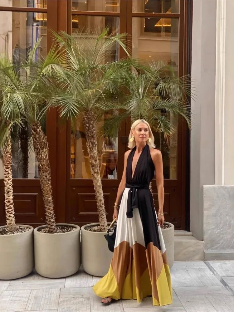 Abito estivo con gonna lunga sexy senza schienale con lacci color block New Fashion Elegnat Casual Boho Dress per le donne Robe Femme