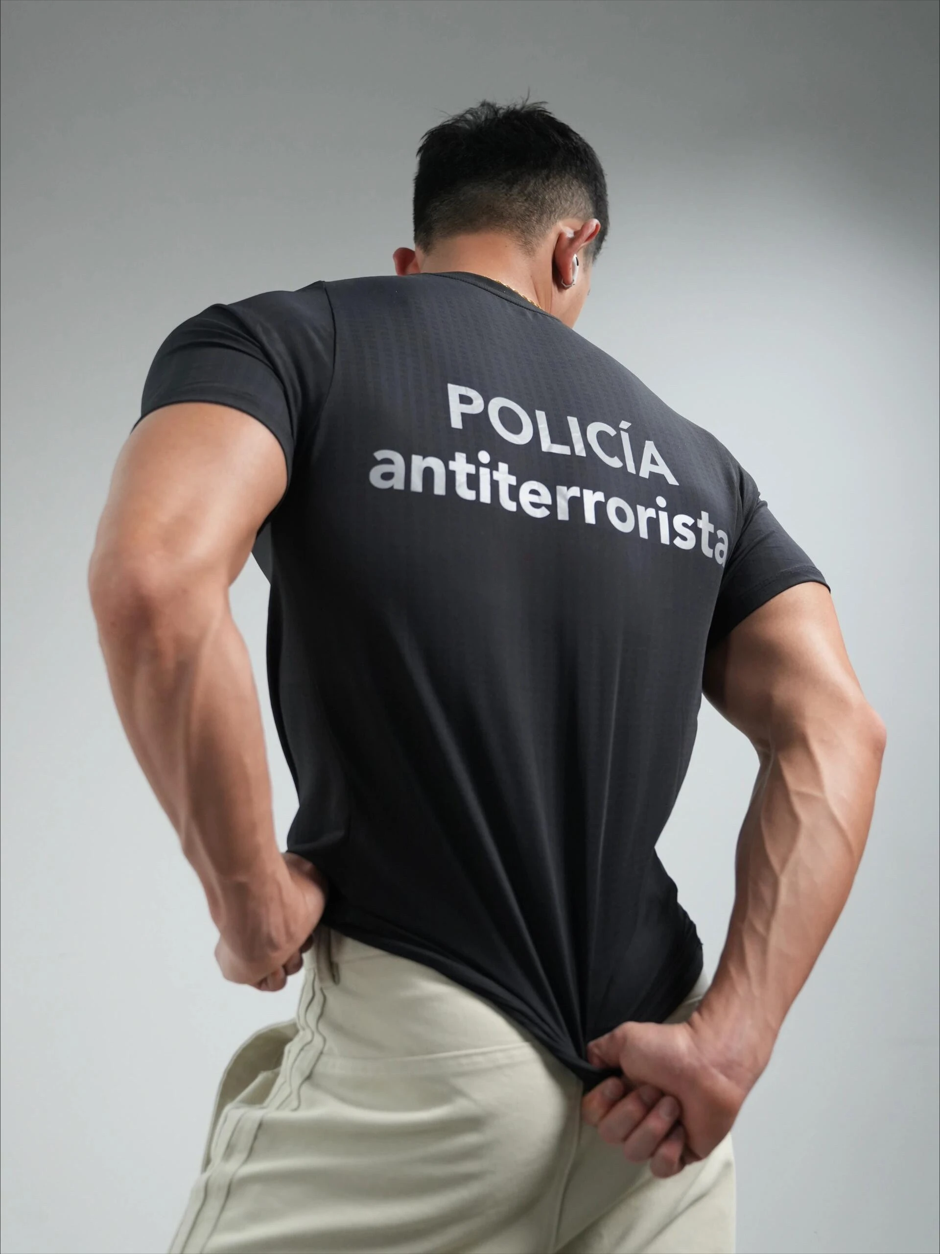 Camiseta de Ginástica Masculina 2026 Verão com Estampa Gráfica de Texto “POLICIA Antiterrorista”, Camiseta Atlética para Treino, Camisa de Performance com Absorção de Umidade