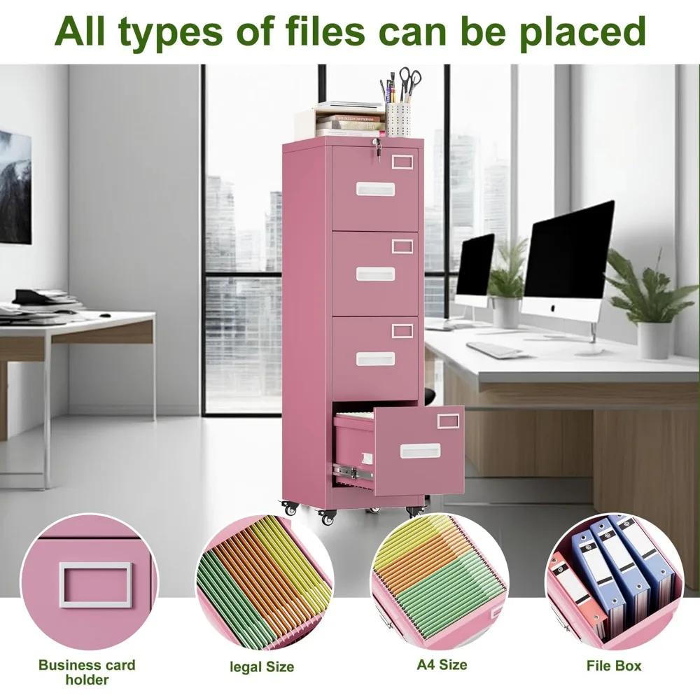 Schedario a 4 cassetti con ruote, schedario in metallo da ufficio con serratura con biglietto da visita per ufficio e casa, assemblaggio richiesto,Pi