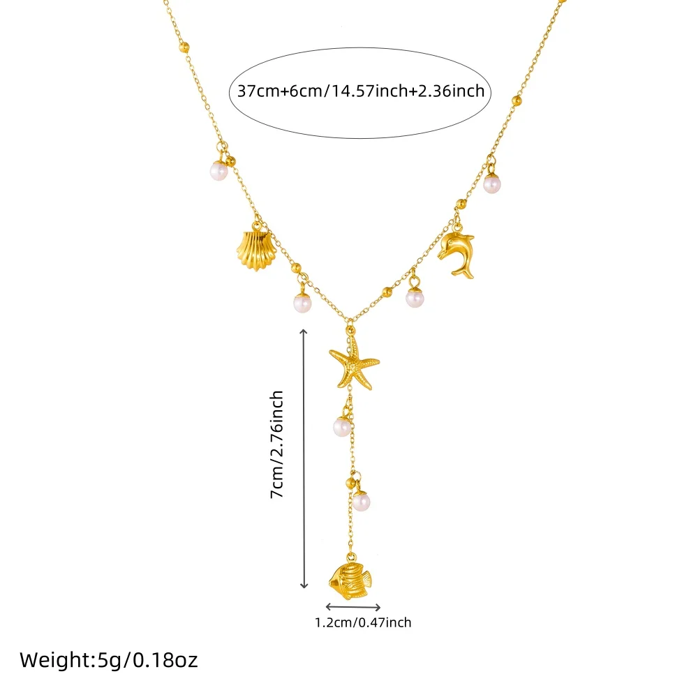 MEYRROYU 316L Stainless Steel Golden Octopus Turtle Starfish Pearl Tassel Pendant Necklace Lady Waterproof Neck Chain Jewelry
