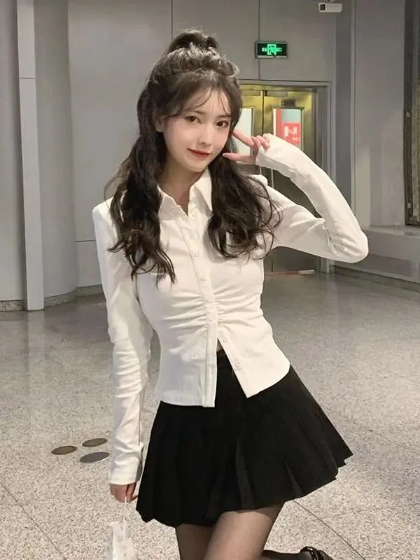 

Рубашка с длинными рукавами для похудения, женская модная рубашка в стиле JK, повседневный топ с плиссированным дизайном, модная женская одежда