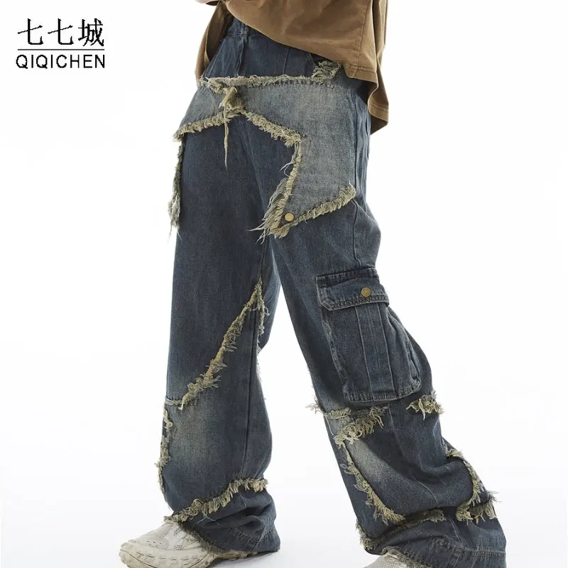 

Mens Vintage Baggy Jeans Star Patchwork Multiple Pockets Straight Denim Pants Hip Hop Washed Distressed Trousers Streetwear New