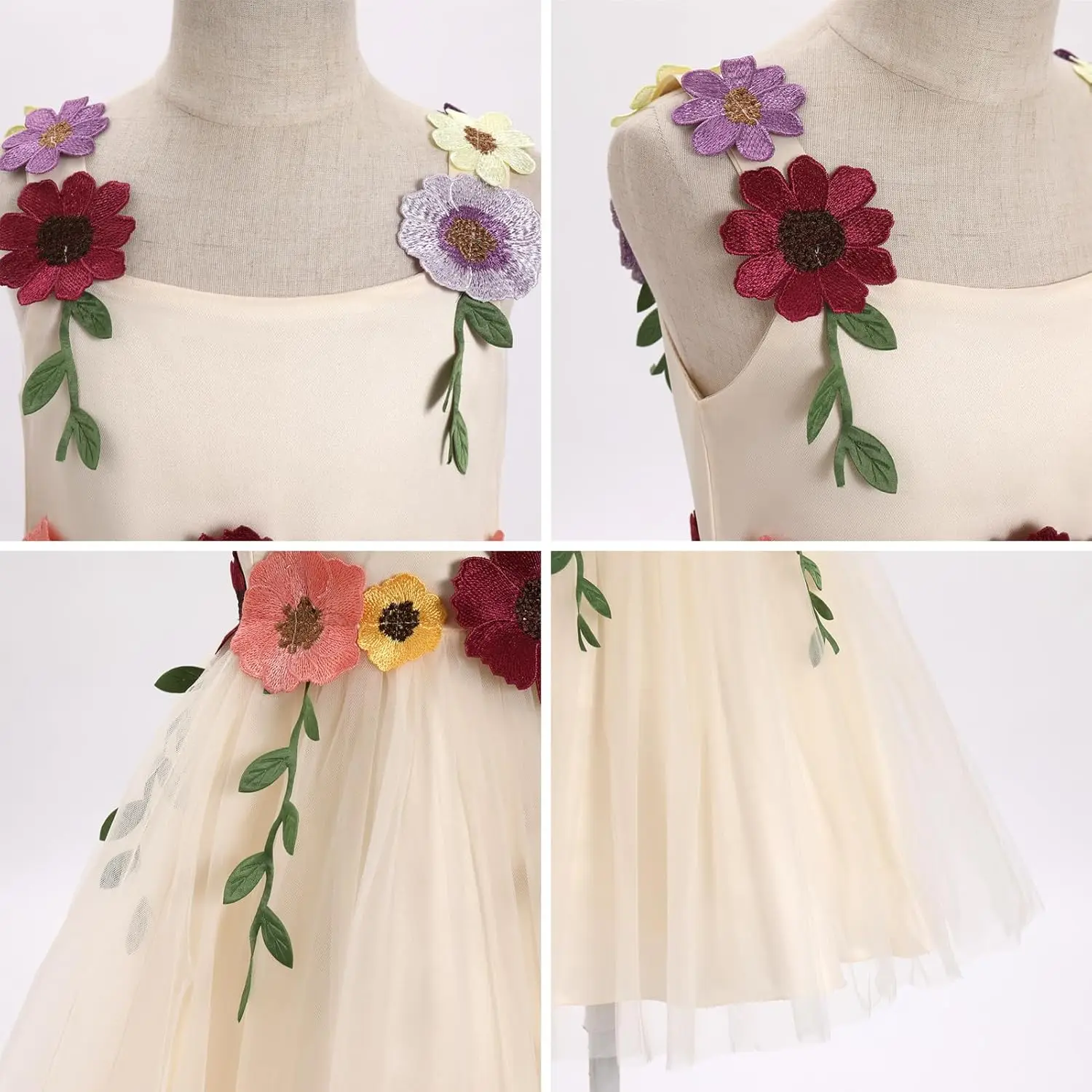 フラワーガールドレス 幼児 フォーマル ページェント 誕生日パーティー スパゲッティストラップ 3Dフラワー刺繍 チュールチュチュドレス