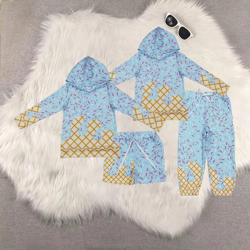 

Sibling Baby Boys Light Blue Team Sprinkles Drips Long Sleeve Hoodie Top Kids Ice Cream Patterned Comfortable Cotton Pants Set