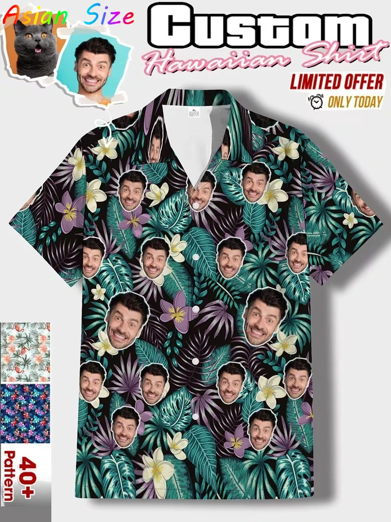 

Гавайская рубашка с листьями лица на заказ, персонализированная тропическая пляжная рубашка, рубашка в стиле отпускной вечеринки, гавайские рубашки с фото своими руками