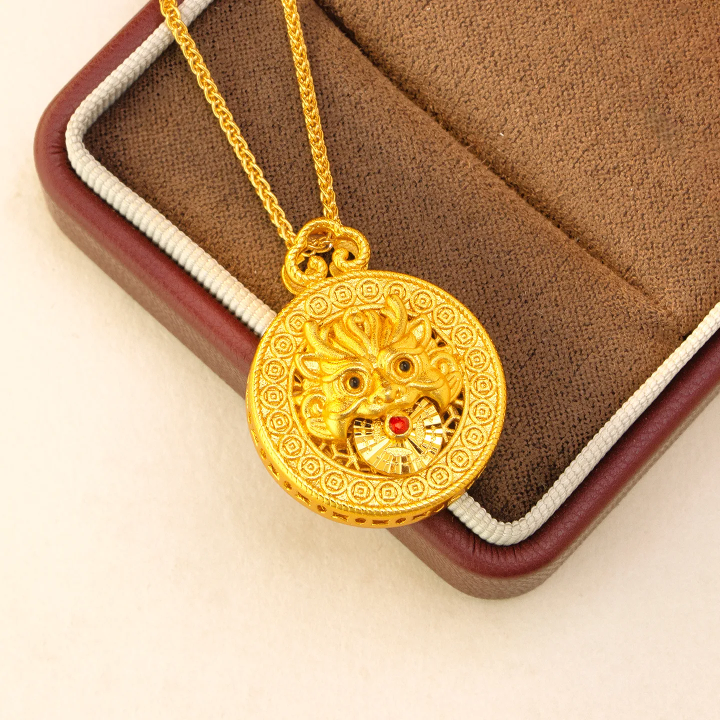 Zircon Inlaid Coin & Mythical Beast Pendant Unisex 24K Gold AU999 - Gold beast & coin pendant, symbol of fortune and protection