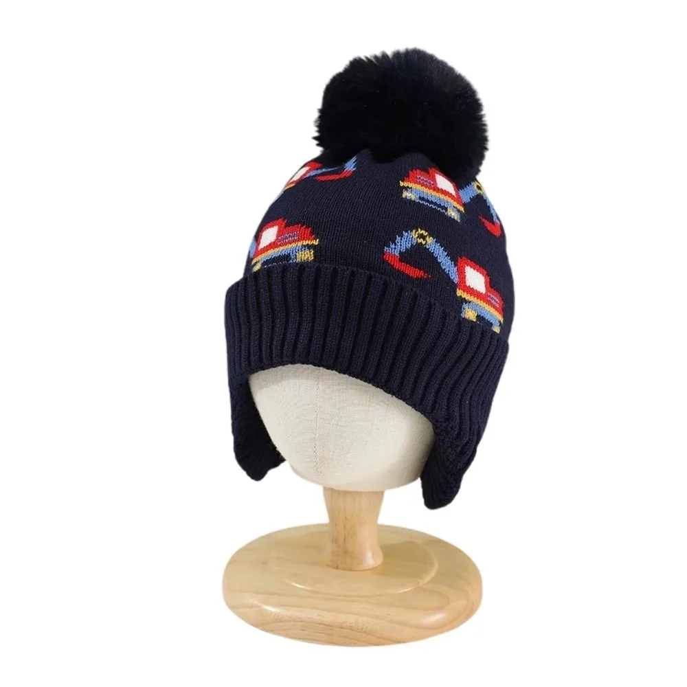 

Модная теплая детская зимняя шапка с флисовой подкладкой, защита ушей с экскаватором и принтом, регулируемая вязаная шапка, зимняя шапка