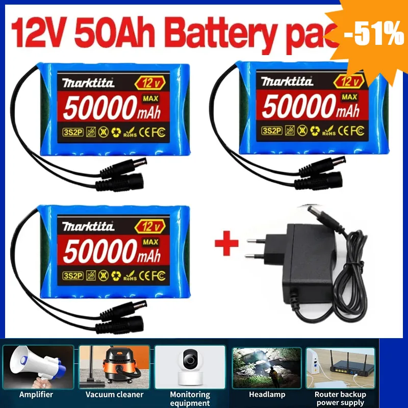 

DC 12.6V 50Ah Rechargeable CCTV, 18650 3S2P 12V 50000mah Original Lithium Ion Battery Camera Monitor Replacement Battery + Charg