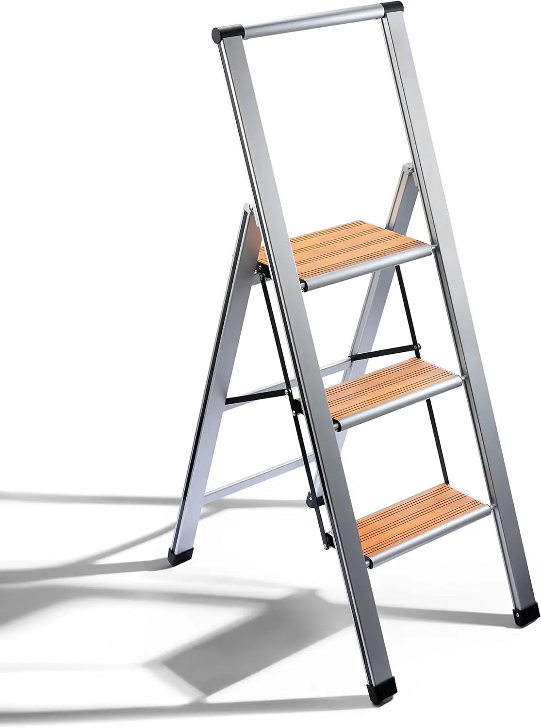 3 Step Folding Ladder, Bamboo & Aluminum, Anti-Slip, Ultra Slim, 250 lbs Capacity