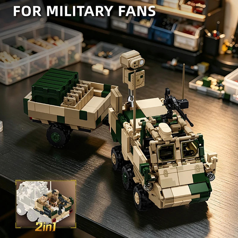 Modern Military Bobcat ATV 6x6  Building Blocks Support Chariot Assembling Tank Bricks Model Adult Toy Birthday Gift Set