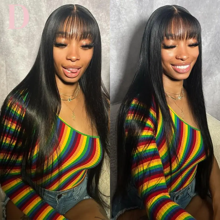 Straight 3x1 MIddle Part Lace Realistic Look Fake Scalp Fringe Wigs Human Hair With Bangs For Women Brazilian Human Hair Wigs