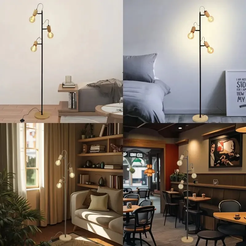 Modern Vertical Floor Lamp Metal Wood Base Multi Head Bedside Living Room Decorative Light with Movable Joint