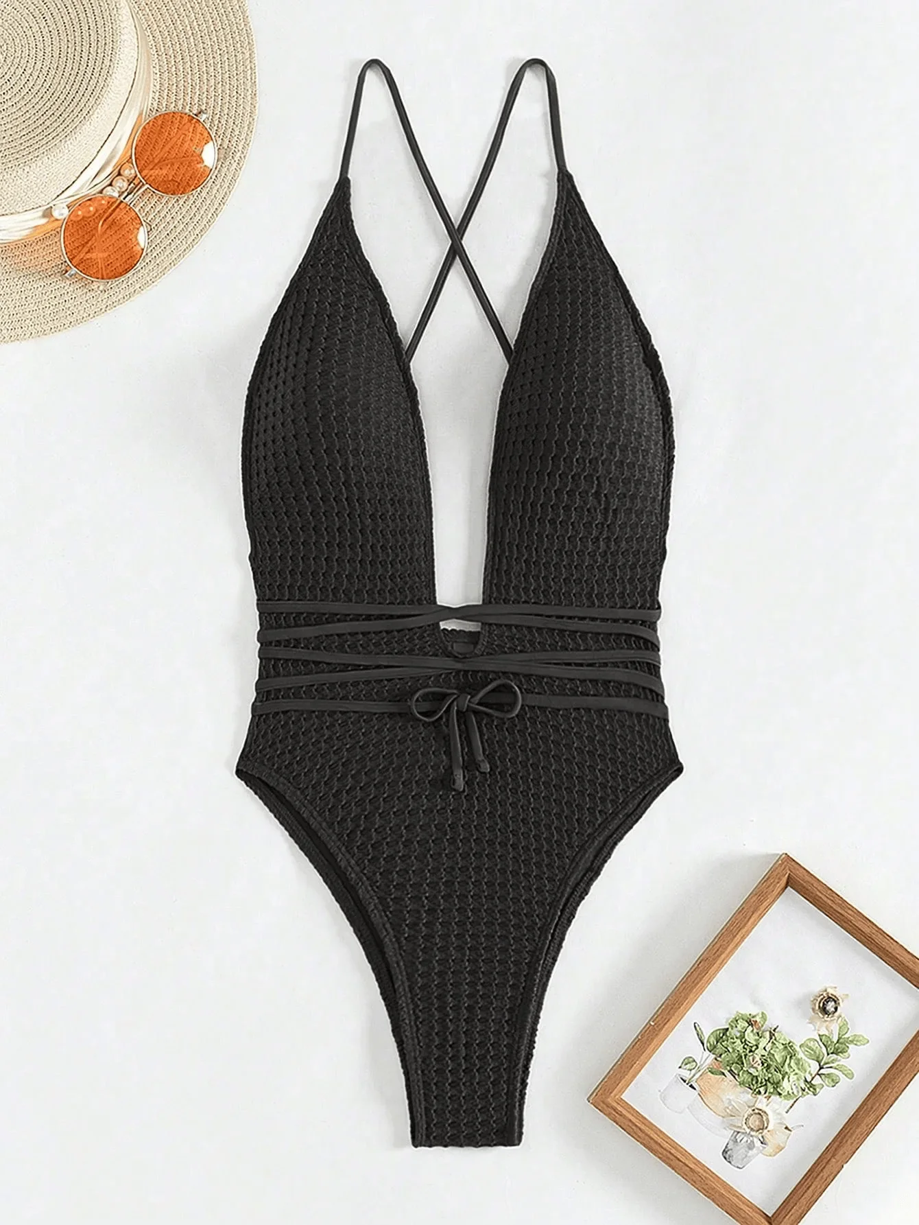 بدلة سباحة نسائية صيفية سوداء بدون أكمام من قطعة واحدة بلون سادة عميق على شكل حرف V من قطعة واحدة بدلة سباحة بيكيني للإجازات على الشاطئ