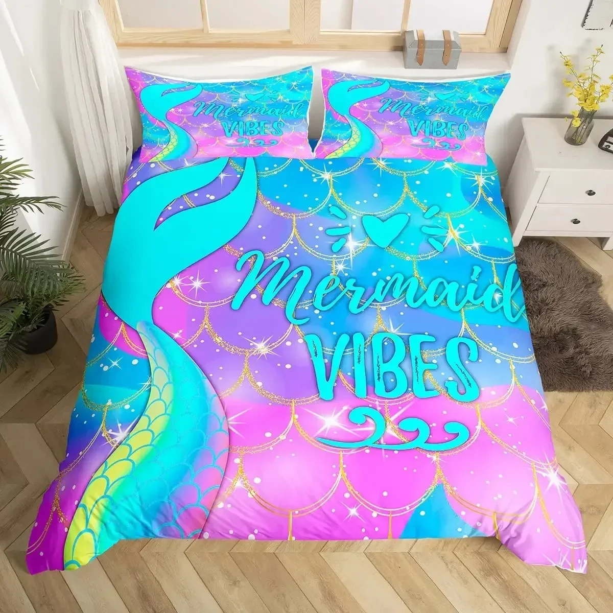 

Mermaid Tail Fish Scales Girly Shell Starfish Comfortable Duvet Quilt Cover Pillowcase Bedding Set Children Bedroom Home Textile