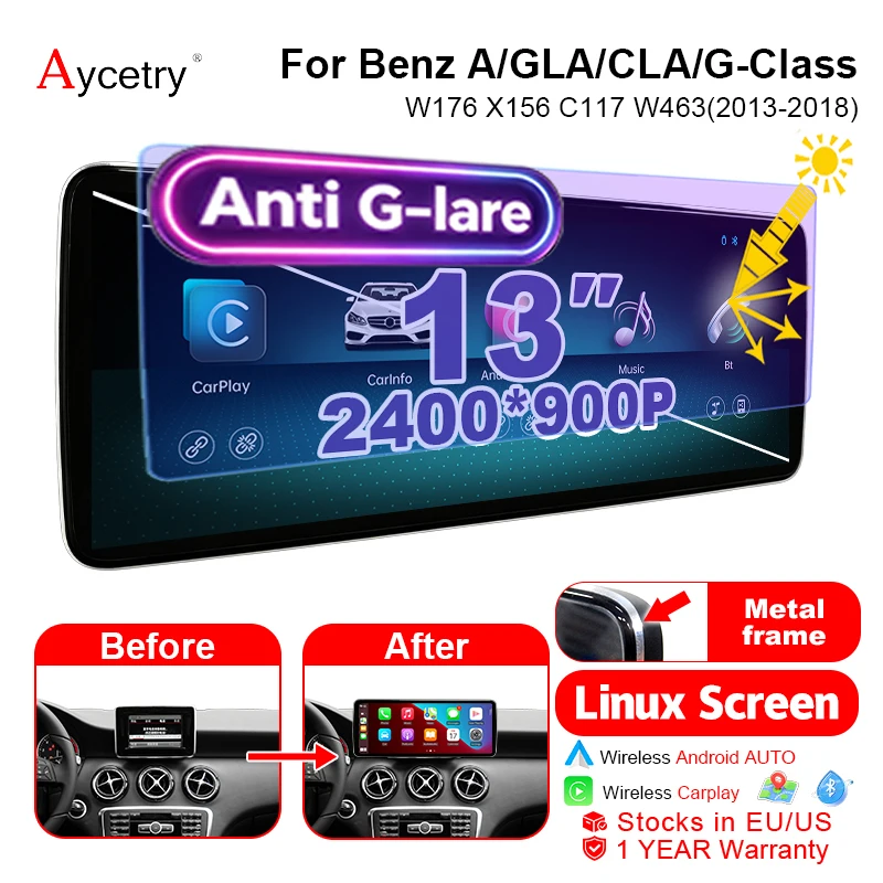 Aycetry, autoradio multimediale Linux da 13 pollici con Android Auto, risoluzione 2400*900P, Carplay wireless, stereo 2DIN per Mercedes Benz Classe A W176, GLA X156, CLA C117, G W463, modelli