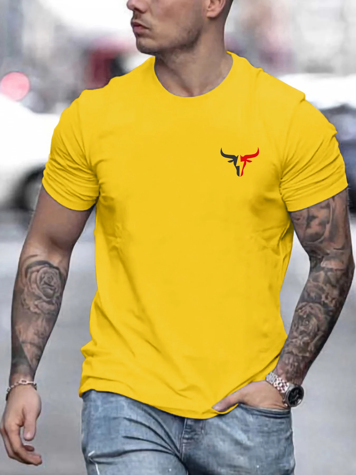 Summer Men's 100% Cotton Casual Loose Size Bull Print Round Neck Short Sleeve T-shirt Top men's street clothing button up pullov image 4