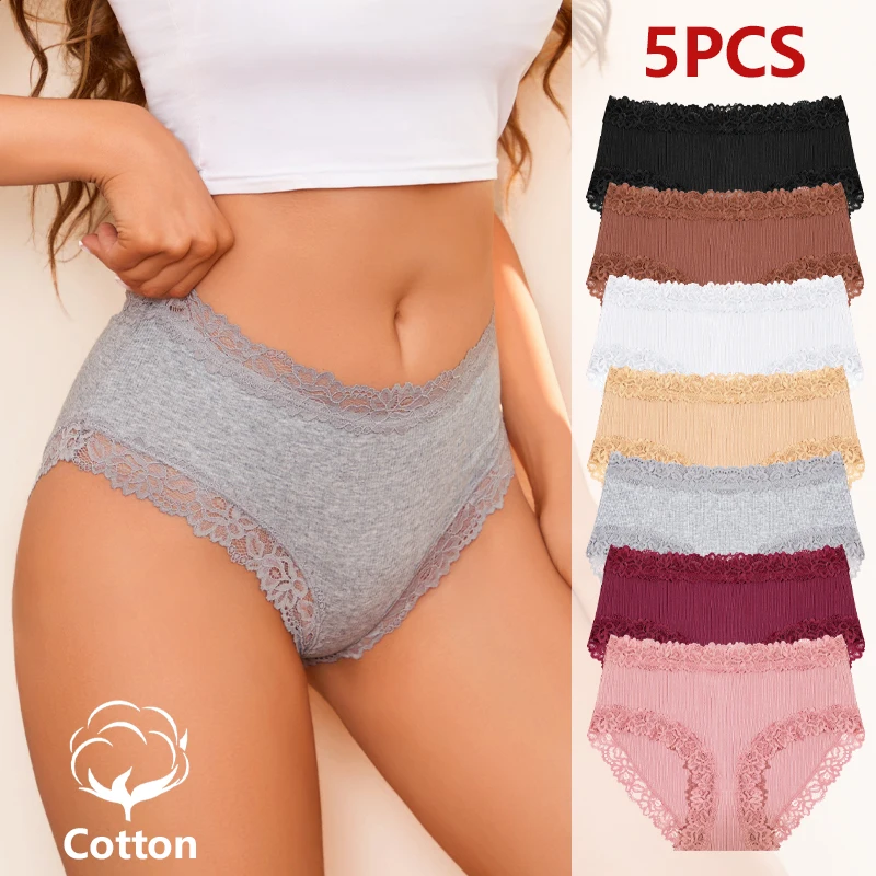 S-XXL 5 Stück/Set Baumwoll-Spitzenunterwäsche Damen Mittelhohe Taille Blumenmuster Höschen Sexy Atmungsaktive Weiche Slips Trendige Einfarbige Dessous