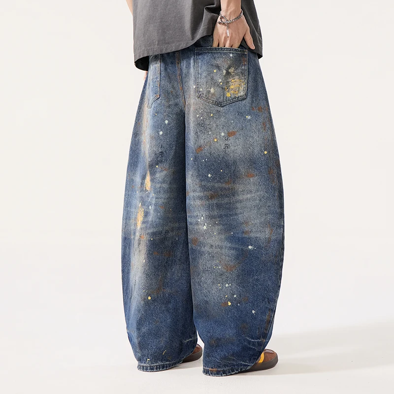 American Style Ink Splash Graffiti Men's Jeans High Street Oversize Denim Long Pants Loose Washed Vintage Trousers