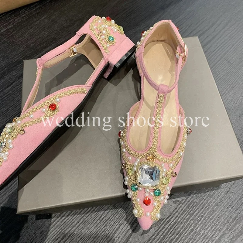 Women's One-line Pointed Rhinestones Single Shoes Low Heel Diamond Women Handmade Beaded Full Diamond Ankle Strap Sandals