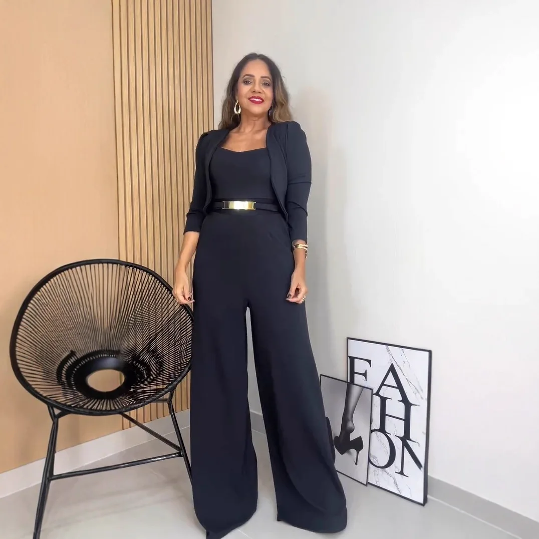 Pakaian 2 Potong Wanita Dekorasi Logam Leher Persegi Tanpa Lengan Ritsleting Belakang Cinched Pinggang Lebar Kaki Jumpsuit & Set Kardigan Crop Kasual