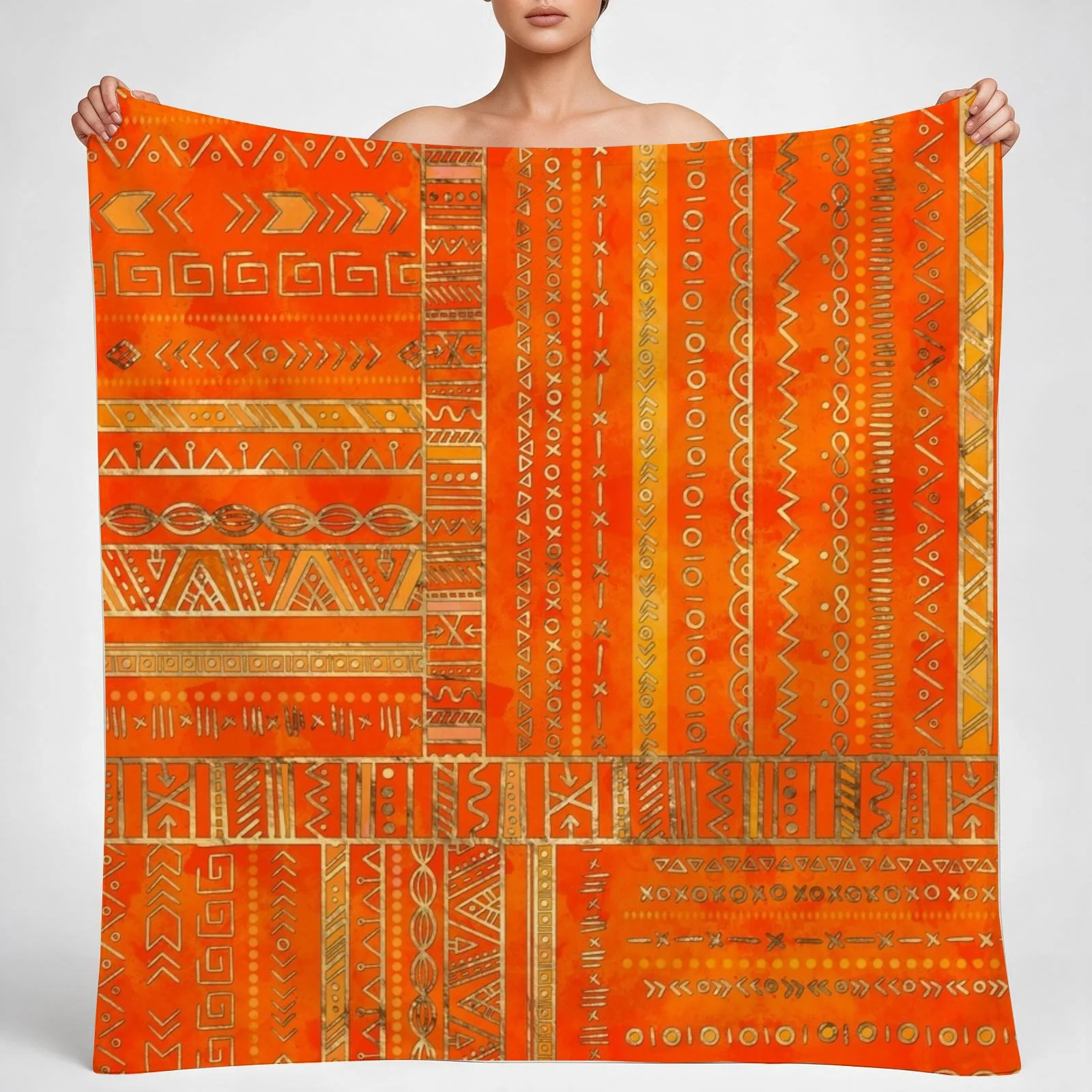 Tribal Ethnic pattern gold on bright orange Throw Blanket couch cozy soft plush fuzzy picnic outdoor blanket