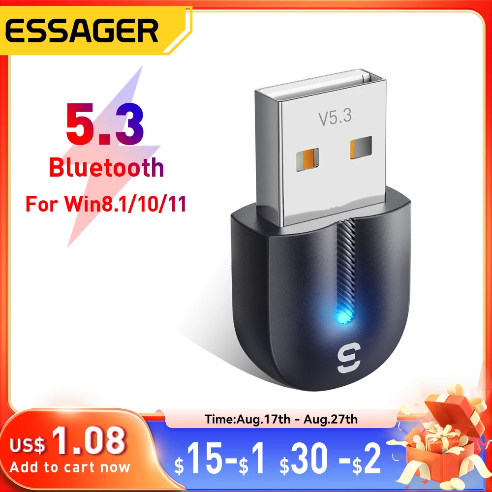 Essager USB Bluetooth 5.3 Adapter Aux Audio Receiver Transmitter For PC Speaker Laptop soundbox Wireless Mouse USB Transmitter