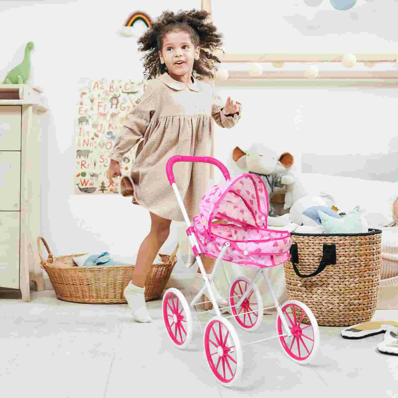 Pretend Play Stroller Toy Realistic Design Large Size Toddler Carriage Accessories Girls Pushchair Miniature