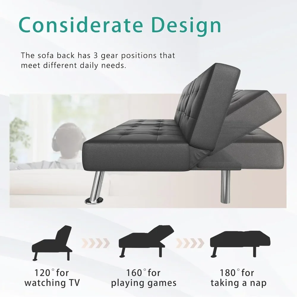 

Futon Sofa Bed Modern Folding Futon Set, Convertible Recliner Lounge, for Living Room with 2 Cup Holders, Removable Armrests