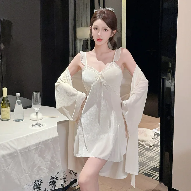 Twinset Lace Robe Set Women Velvet Bathrobe Gown Suit Lady Velour Sleepwear Nightgown Spring Autumn Kimono Dress Home Clothes 4