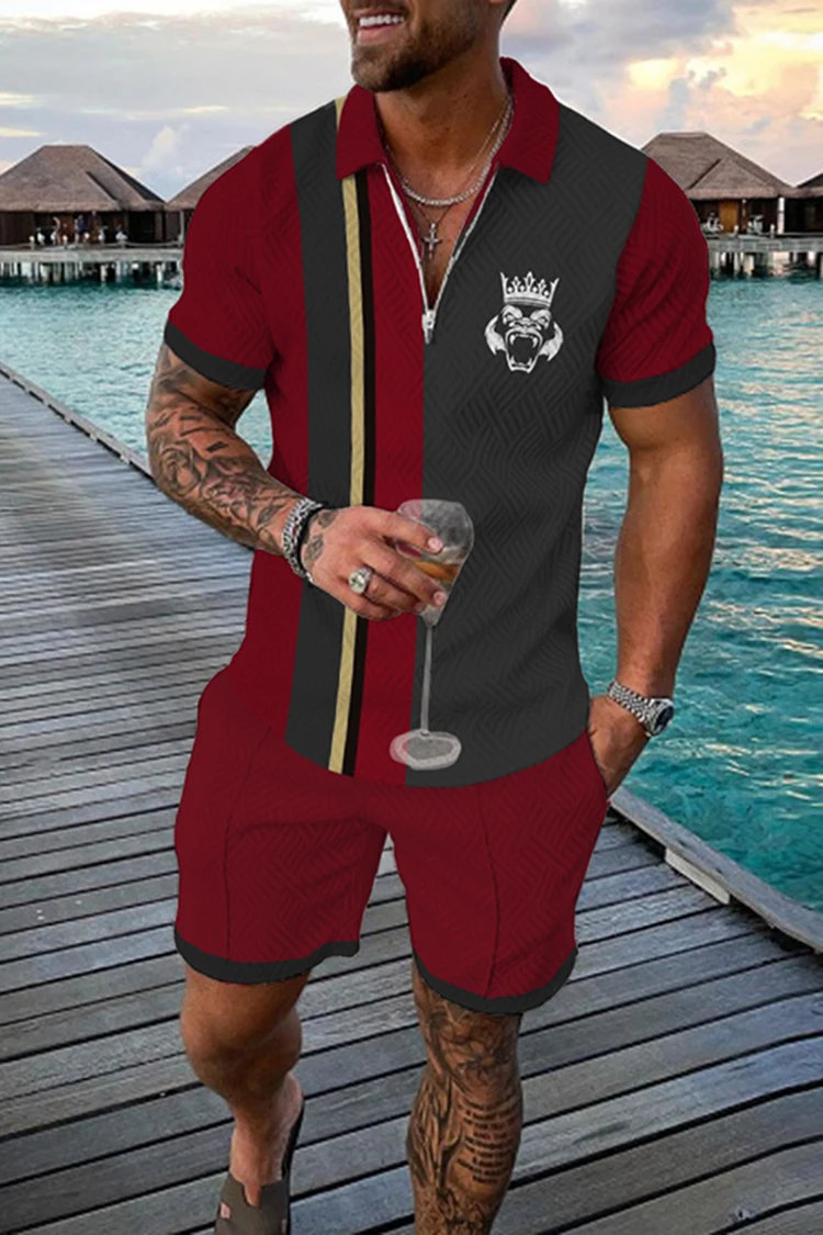 Men's Summer Casual Red Polo Shirt Set Male Fashion Tracksuit Solid Color Suit Trun Down Collar Zipper Clothing Vintage Outfit