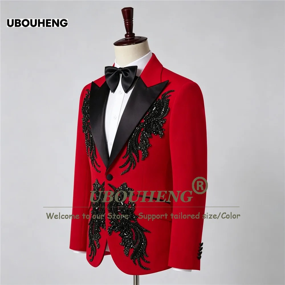 Handmade Man Suit Jackets Black Beaded Stones Appliques Prom Blazer Customized 1 Piece  Peaked Lapel Groom Tuxedo Men Attire
