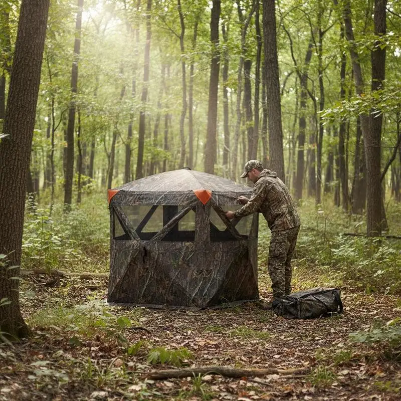 Transparent Ground Shelter 58"x58"x66" For Deer Hunting Turkey Hunting Archery, 270 Degree One-Way Vision 3 Horizontal Windows Pop Up Structure Carrying Bag Portable Mesh Design 2-3 Person Capacity Resilience Fabric Outdoor Observation Hidden Tent view 6