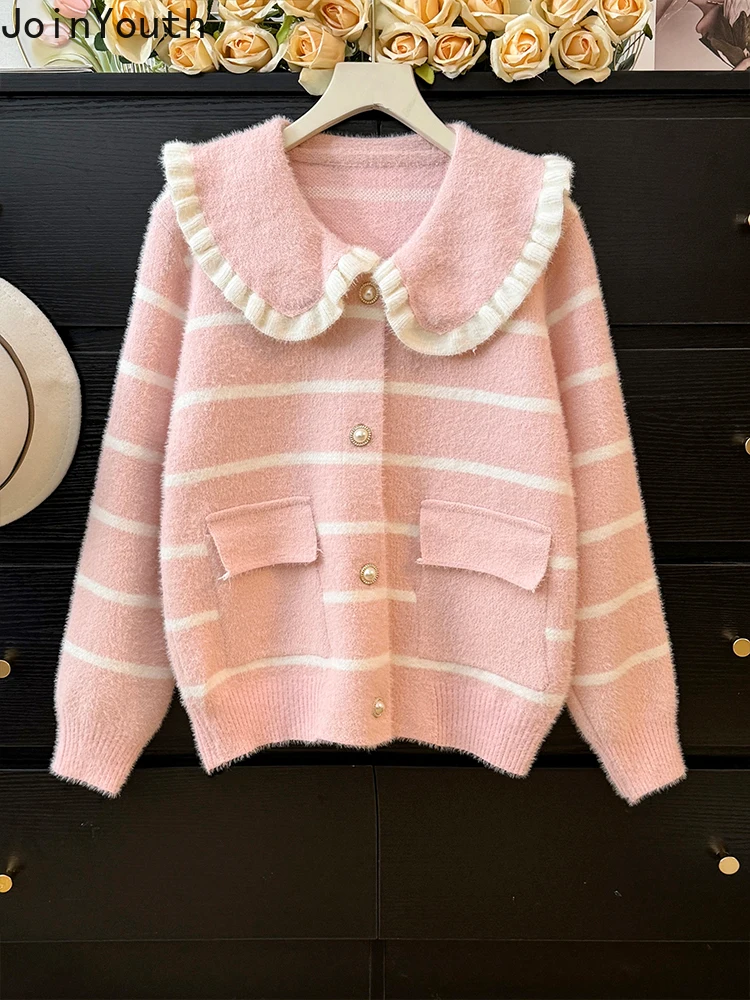 Sueter Mujer Knitwear Cardigan Coat Peter Pan Collar Striped Pull Femme Pockets Sweet Knit Sweater Tops Fall Winter Clothing