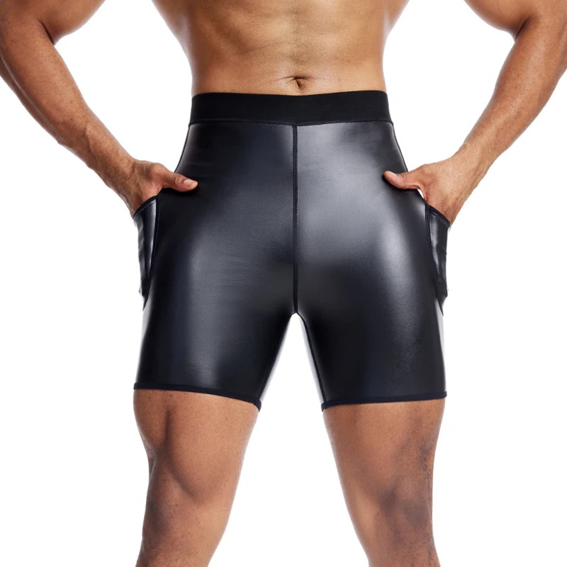 Men elastic shapers leather shorts, with Pockets, slimming, Hip-hop punk style, motorcycle, windproof and waterproof tight pants